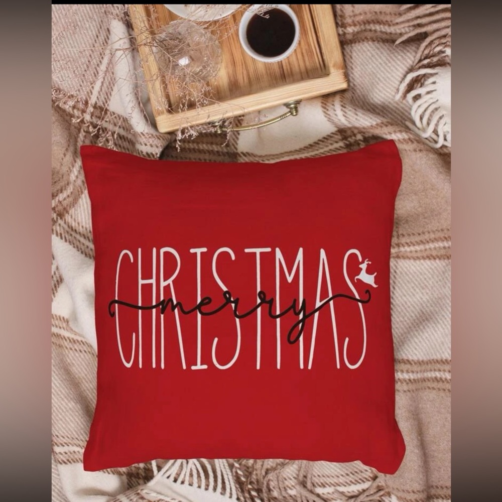 Brand NWT Beautiful Holiday Red Merry Christmas with Reindeer Pillow Cover
